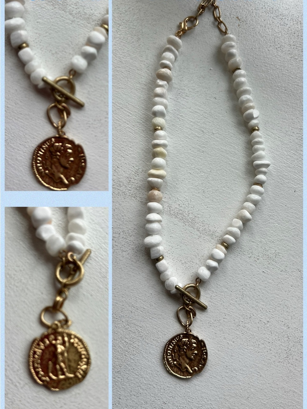 Gold Coin Pendant White Bead Necklace